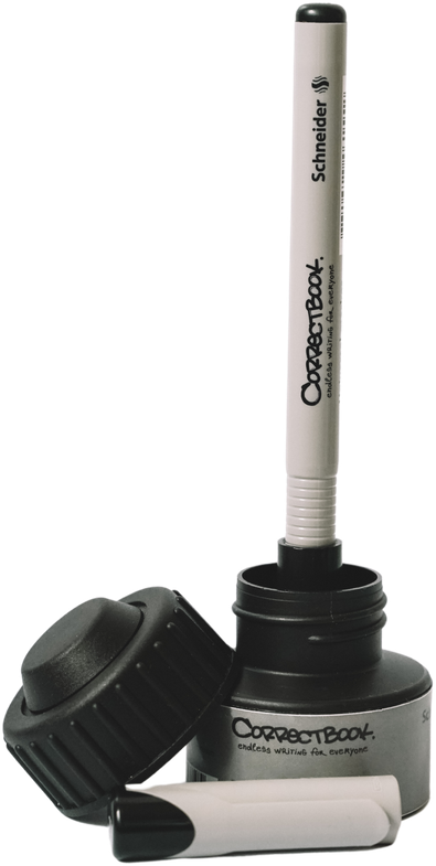 Correctbook pen with refill bottle and spare pen cap